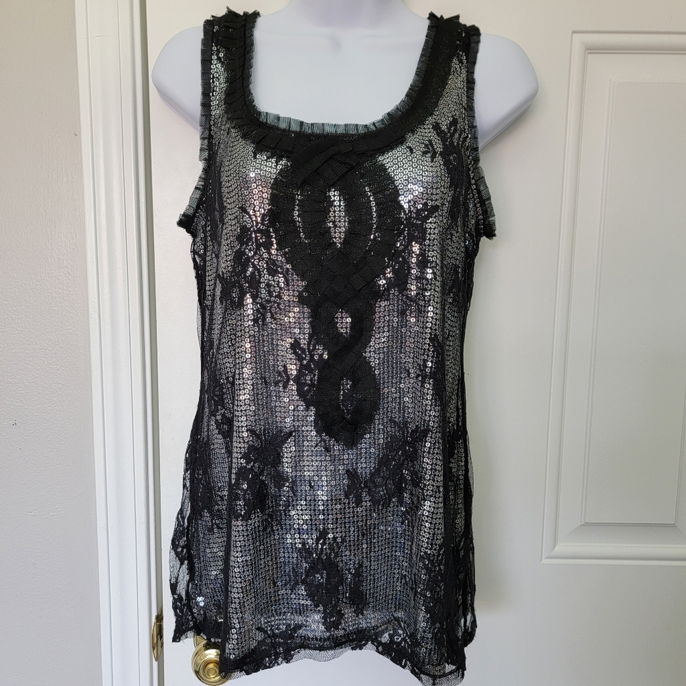 WHBM Sequin Tulle Black Silver Sleeveless Top Holiday Cocktail Party Date Med